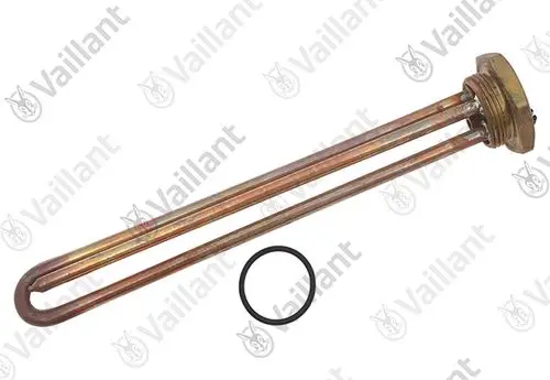 Vaillant Heizstab mit zwei Kupferrohren und einer Metallbasis, ergänzt durch einen O-Ring für die Installation, zur Verwendung in Heizsystemen.